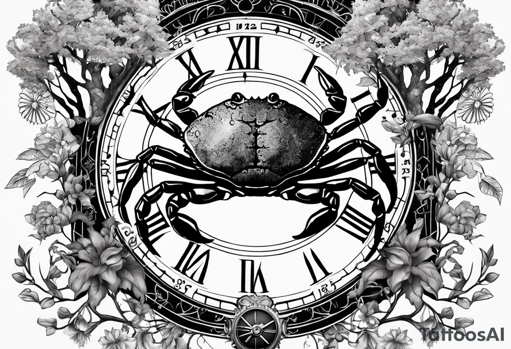 Zodiac crab with clock in front of tree of life tattoo idea