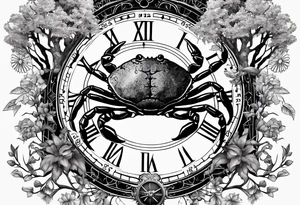 Zodiac crab with clock in front of tree of life tattoo idea