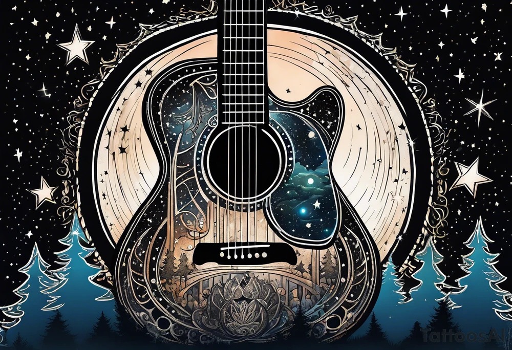 acoustic black guitar made out of trees and a night sky with a bright star tattoo idea