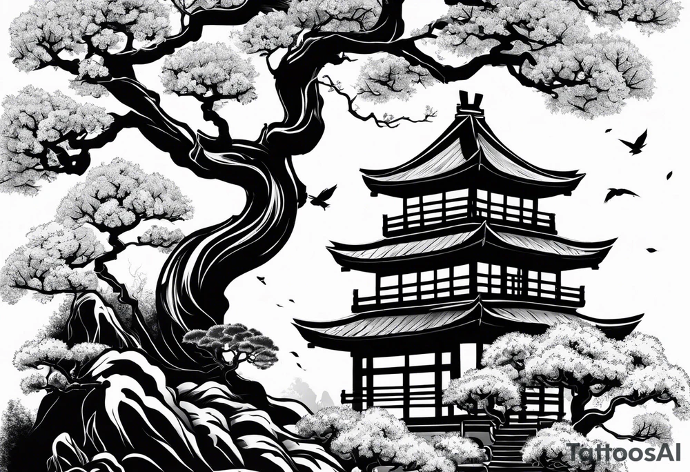 samurai and bonsai tree in japan tattoo idea