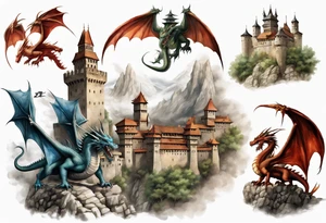 3 dragons flying around the highest part of the castle, defending it from a village with angry people, angry villagers around the castle, realistic tattoo idea