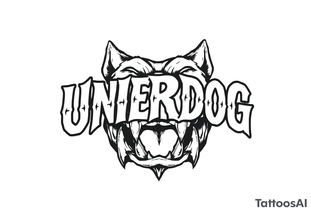 the word underdog with dog teeth connected to the bottom tattoo idea