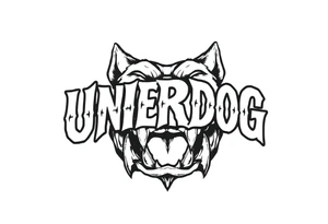 the word underdog with dog teeth connected to the bottom tattoo idea