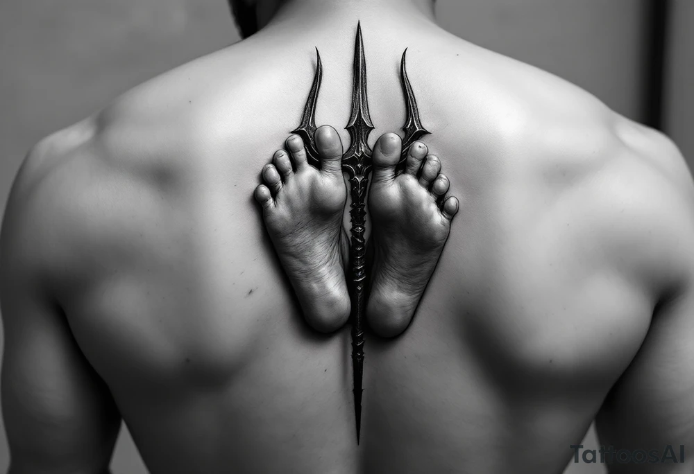 barefeet behind trident tattoo idea