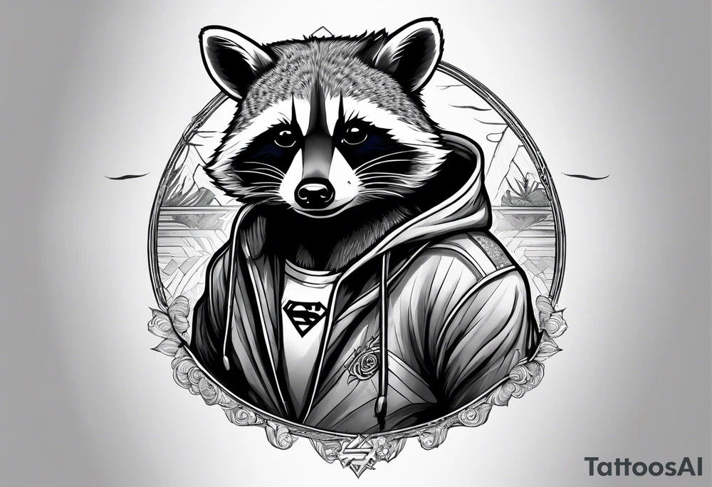 raccoon wearing a Superman hoodie tattoo idea