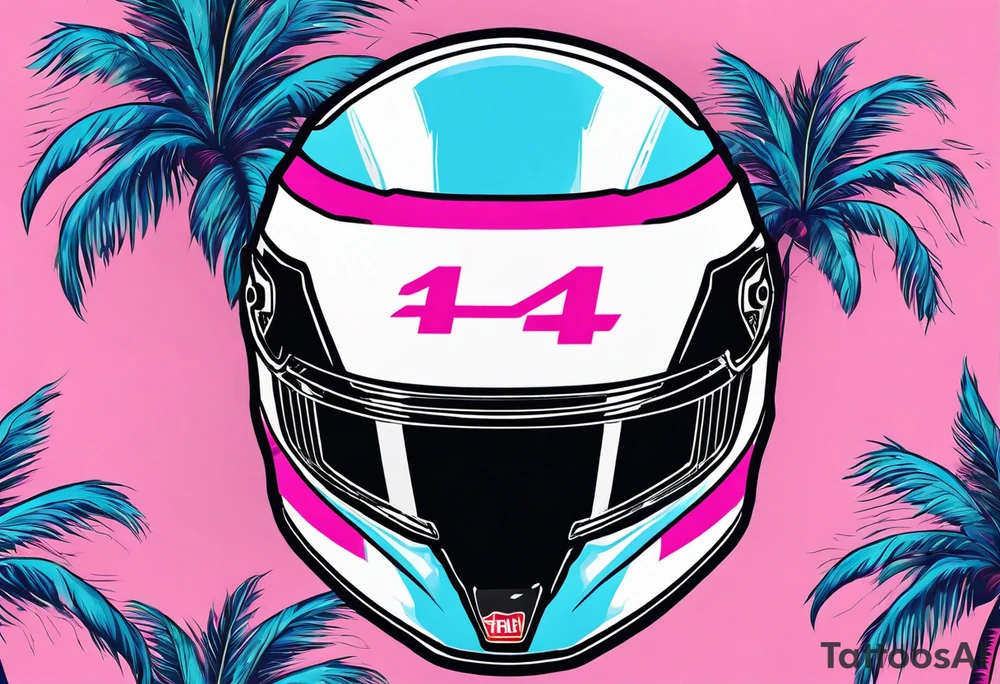 Formula 1 Helment with the Miami name a palm tree and pink and light blue colors tattoo idea