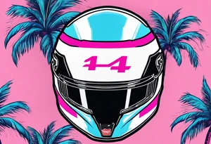 Formula 1 Helment with the Miami name a palm tree and pink and light blue colors tattoo idea