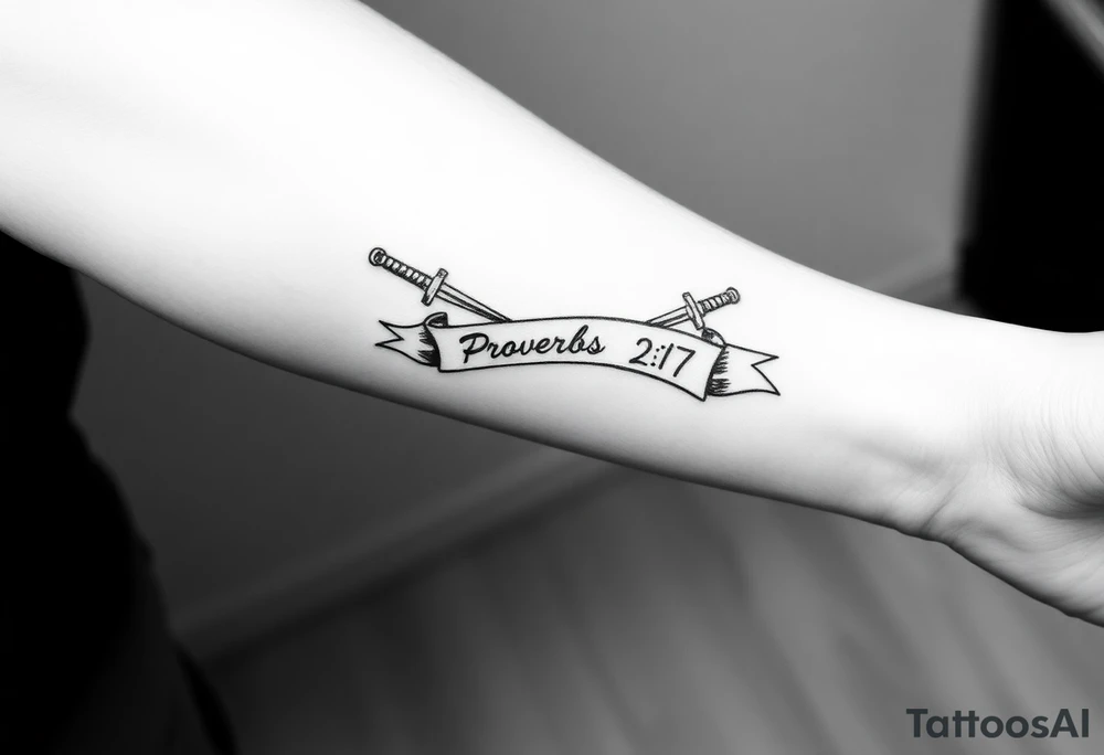 Two swords in a forearm tattoo sketch style, with a flowing banner that reads “Proverbs 27:17” Black ink, simple and bold. tattoo idea