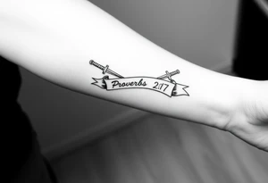 Two swords in a forearm tattoo sketch style, with a flowing banner that reads “Proverbs 27:17” Black ink, simple and bold. tattoo idea