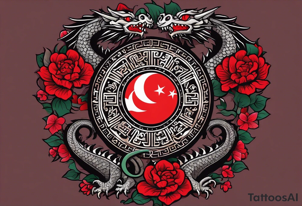Quiero un tatuaje en toda la espalda con dos dragones verticales uno en frente del otro (uno con faceta fiera y el otro con faceta amable), con un sol o luna rojo en medio, y otros detalles de letras en chino y flores tipo cerezo (en rojo y negro) tattoo idea