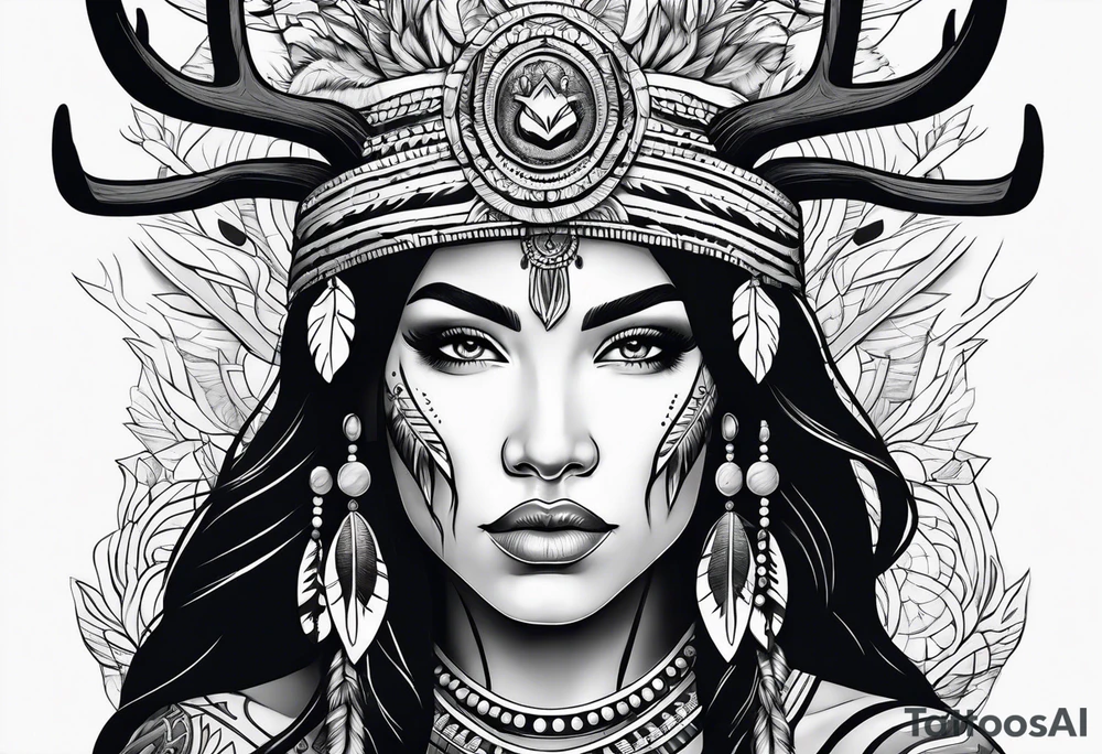 Native American woman full body 
with deer antlers tattoo idea