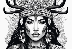 Native American woman full body 
with deer antlers tattoo idea