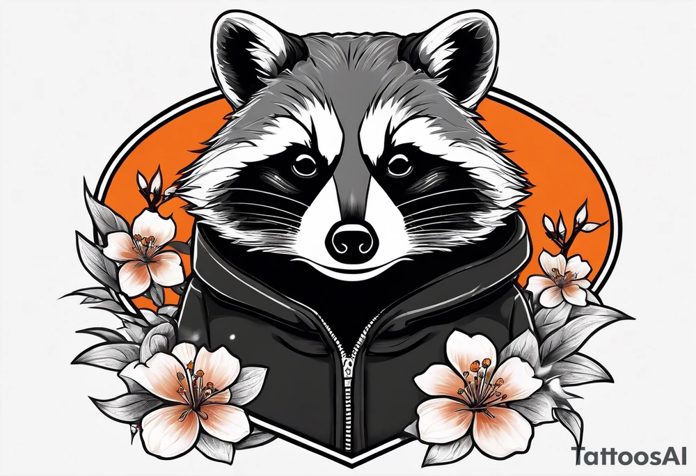 Raccoon wearing a white Superman logo on a black hoodie and orange Japanese cherry blossoms beside tattoo idea