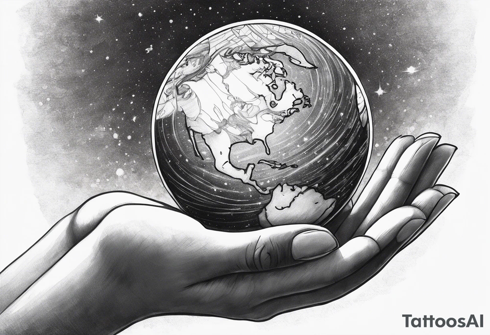 A woman holding a small planet in her hand tattoo idea