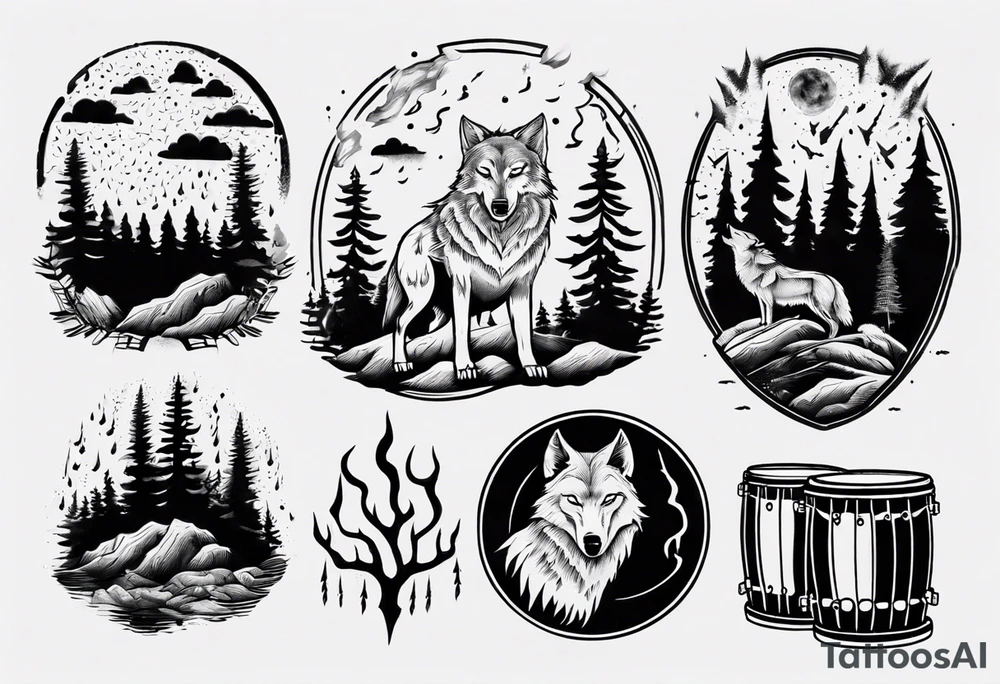 thunderstorm over a forest with a wolf howling on drums tattoo idea
