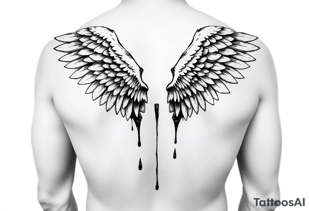 Angel wings folded and tucked against the back spanning from shoulder to butt dripping in blood tattoo idea