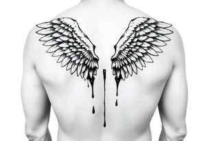 Angel wings folded and tucked against the back spanning from shoulder to butt dripping in blood tattoo idea