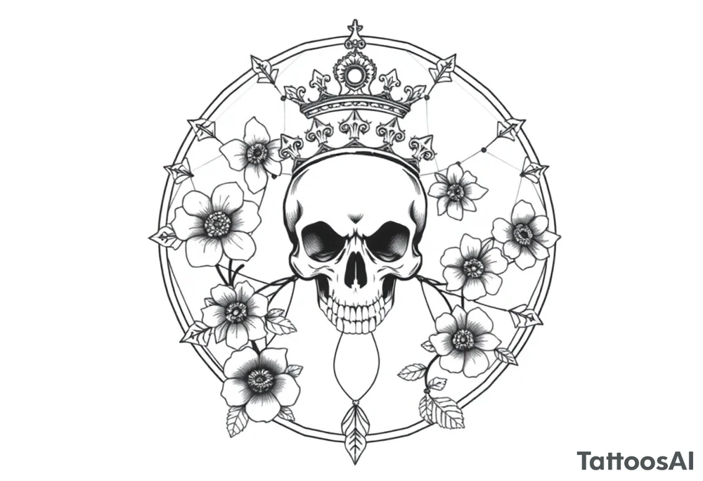 Mandala dream catcher with detailed beautiful gothic boho flowers on vine and skull with gorgeous crown tattoo idea