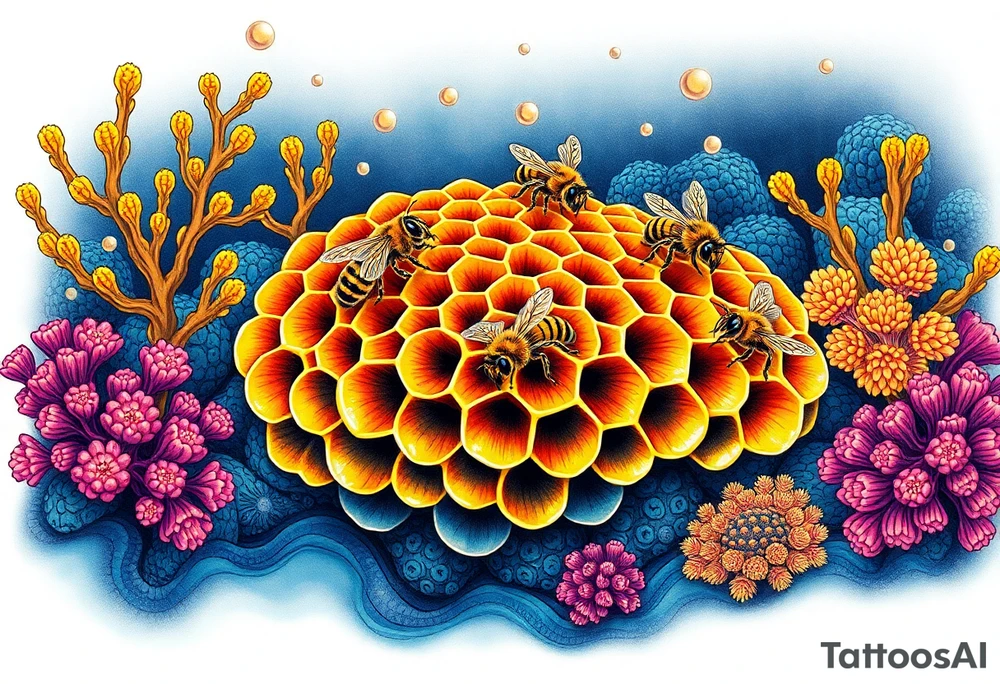 Coral reef scene with honey bees swimming on honey comb tattoo idea