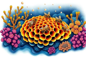 Coral reef scene with honey bees swimming on honey comb tattoo idea