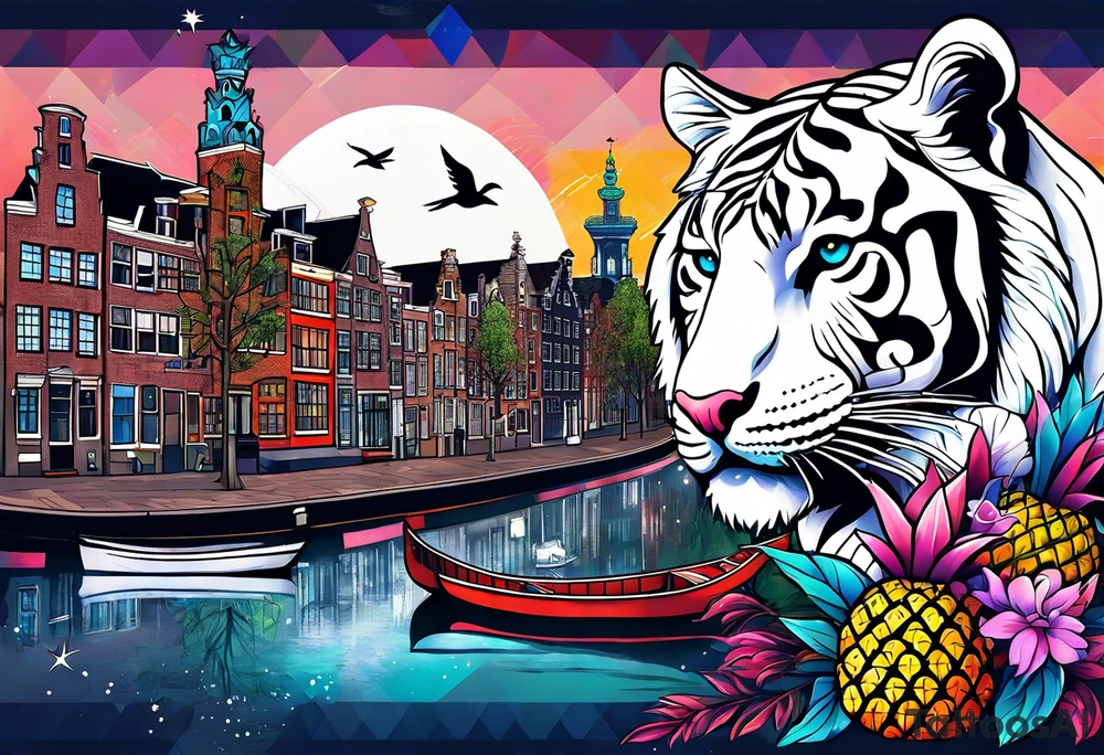 White tiger, stag and birds with pineapples featuring Amsterdam buildings and canal in galaxy colours and Amsterdam buildings and canal tattoo idea