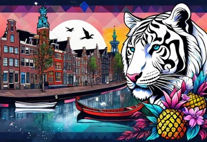 White tiger, stag and birds with pineapples featuring Amsterdam buildings and canal in galaxy colours and Amsterdam buildings and canal tattoo idea