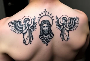 russian orthodox symmetrical guardian angel icon on left and right side of back with both angels holding up a jesus potrait tattoo idea