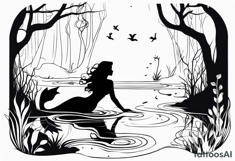 Mermaid silhouette in a swamp with trees and music. tattoo idea