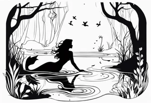 Mermaid silhouette in a swamp with trees and music. tattoo idea