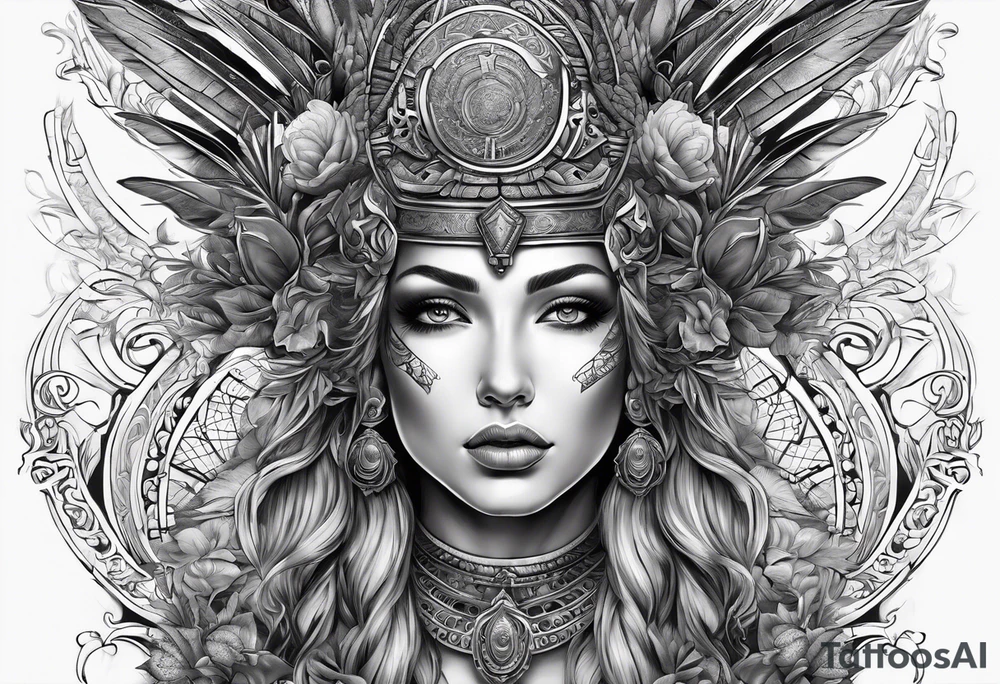 gift of life, woman wearing greek god headdress tattoo idea