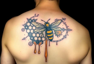 honeycomb with bee and dripping honey on a steampunk design on the upper arm tattoo idea