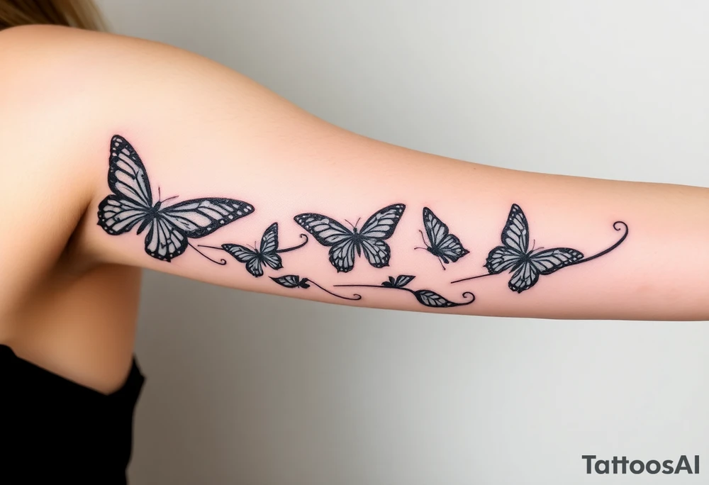 Six different butterflies streaming down arm with six kids names Aden, Aninna, Novaih, Rayla, Jayla, Teresa tattoo idea