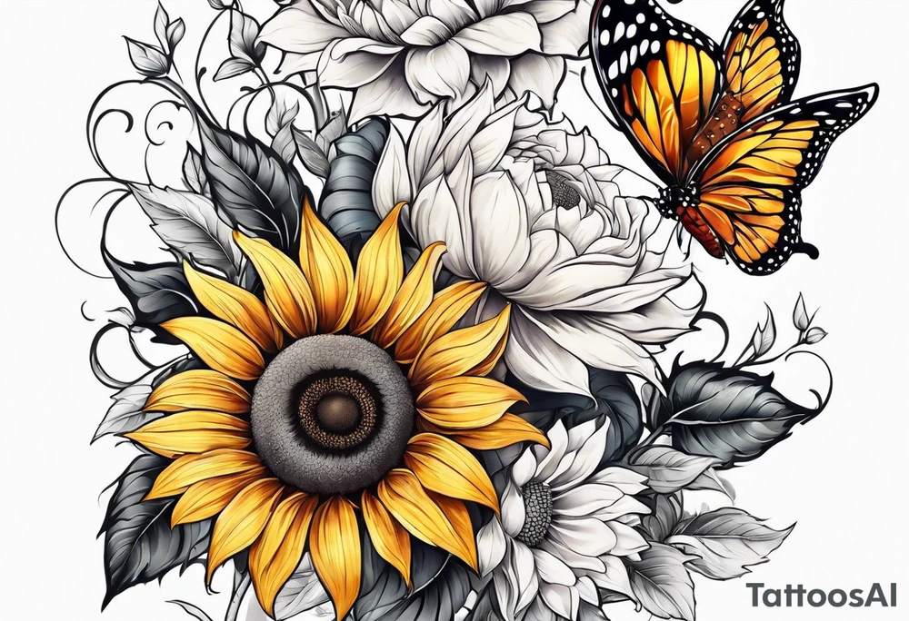Sunflower and butterfly leg sleeve tattoo idea