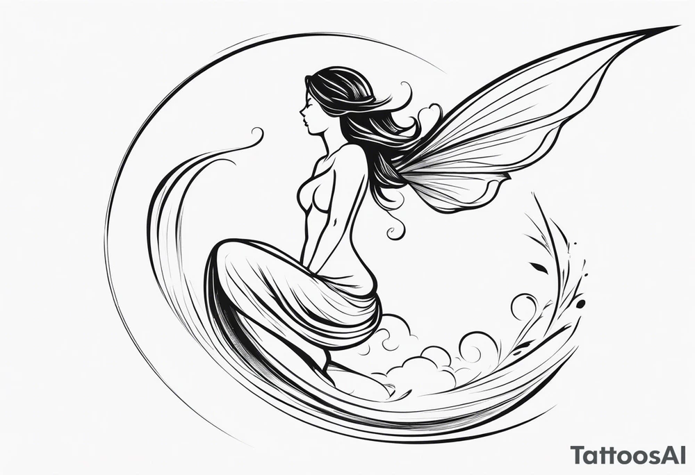 Minimalistic, monochromatic fairy with a tail flying to the left in a fetal position, leaning and looking in the same direction, with visible hands, embodying the 'Fairy Tail' logo aesthetic. tattoo idea