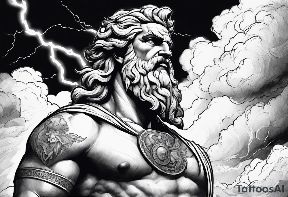 Zeus with Lightning in hands in the clouds tattoo idea