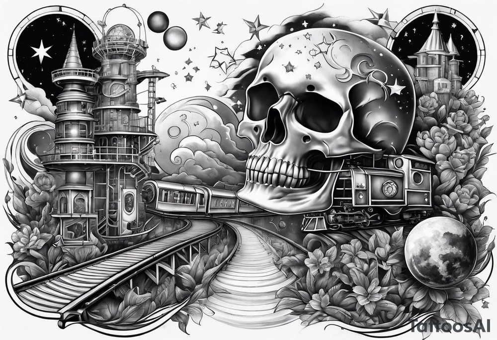 half sleeve tattoo including chemistry, skulls, roller coaster track, space and stars tattoo idea