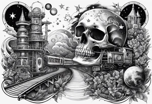 half sleeve tattoo including chemistry, skulls, roller coaster track, space and stars tattoo idea