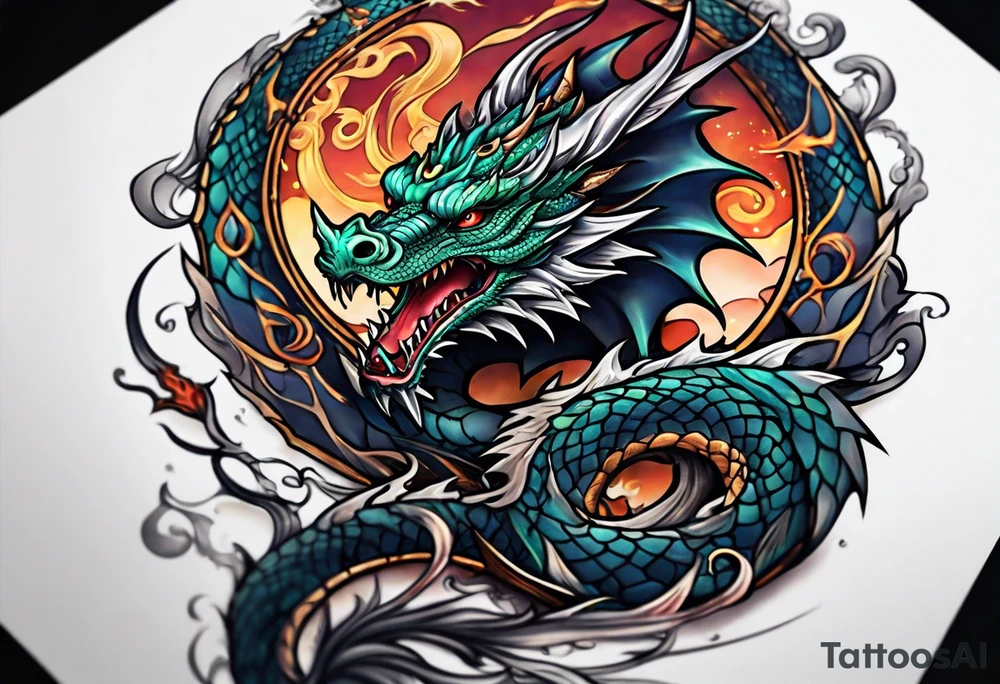 Dragon arm sleeve with an eldritch design tattoo idea