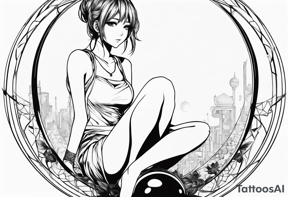 an anime girl sitting on a sphere, staring front tattoo idea an anime girl sitting on a sphere, staring front tattoo idea