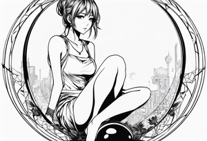 an anime girl sitting on a sphere, staring front tattoo idea