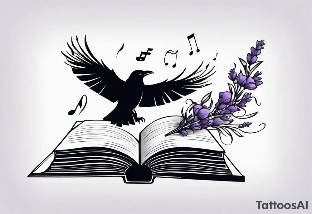 an open book with a raven flying over, a pawn chess piece to the right, a single music note just above, a sprig of lavender on top of the book tattoo idea