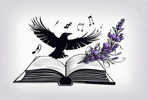 an open book with a raven flying over, a pawn chess piece to the right, a single music note just above, a sprig of lavender on top of the book tattoo idea