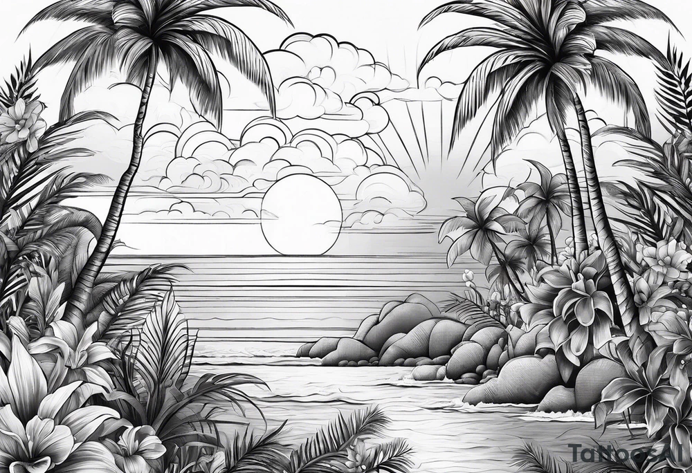 Ocean palm trees flowers tattoo idea