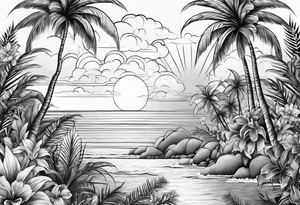 Ocean palm trees flowers tattoo idea