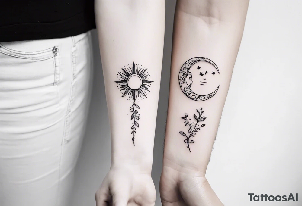 Matching friend tattoos, moon and sun, floral, vines, tiny and minimal, for side of rib tattoo idea