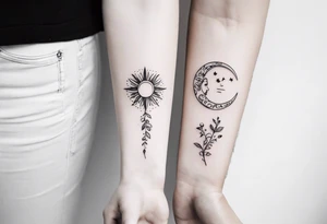 Matching friend tattoos, moon and sun, floral, vines, tiny and minimal, for side of rib tattoo idea
