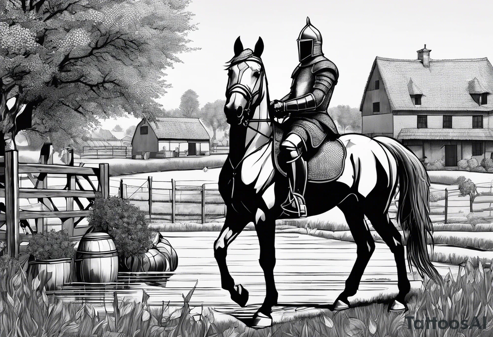 a knight kneeling with an old farm in the background and horses in the netherlands and a swimmingpool and an airfryer tattoo idea