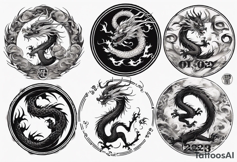 Chinese dragon in a circular shape with "02.03" written on its skin tattoo idea