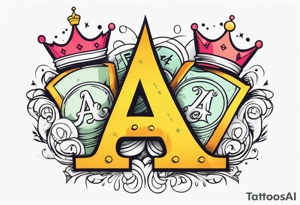 simple the letter A in cursive with a crown over it that has a money sign in it that can fit on a forearm tattoo idea