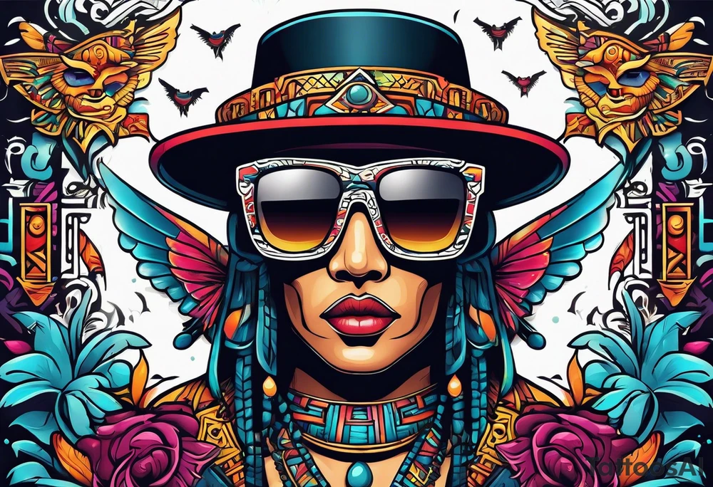 Colorful Mayan hieroglyph wearing sunglasses with bats and water tattoo idea